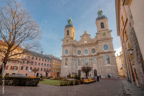 Innsbruck Cathedral or Cathedral of St. James , Baroque cathedral in old town of Innsbruck during autumn , winter cloudy day : Innsbruck , Austria : December 8 , 2019