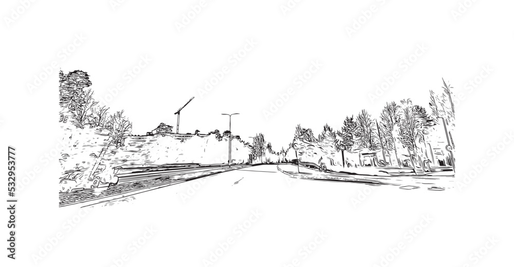 Building view with landmark of Oulu is a city in central Finland. Hand drawn sketch illustration in vector