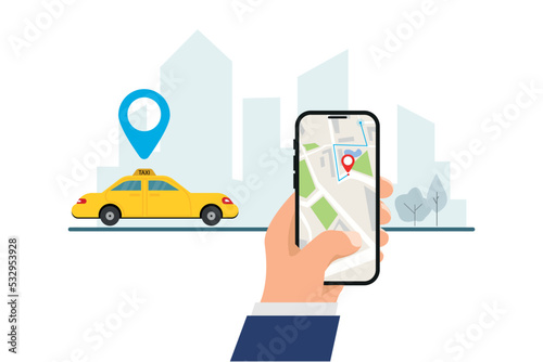 Taxi online-service concept. Hand holds phone on city landscape. Phone with city map with online geotags taxi point, find and call yellow car. Vector illustration