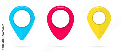 Location icon set. Set of bright map pointers. Colorful pointers, isolated on white background. Location symbols. Pin flat style icon