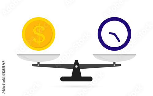 Mechanical scales with dollar coin and clock. Time is money on scales. Money and time balance on scale. Metaphor of working hours value. Vector illustration