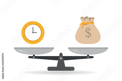 Mechanical scales with clock and money bag. Time is money on scales. Money and time balance on scale. Metaphor of working hours value. Vector illustration