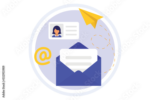 Email message. Messaging. New incoming message, mail sending. Open envelope with letter, notification screen and paper plane. Concept sending and receiving mail messages, social network, chat