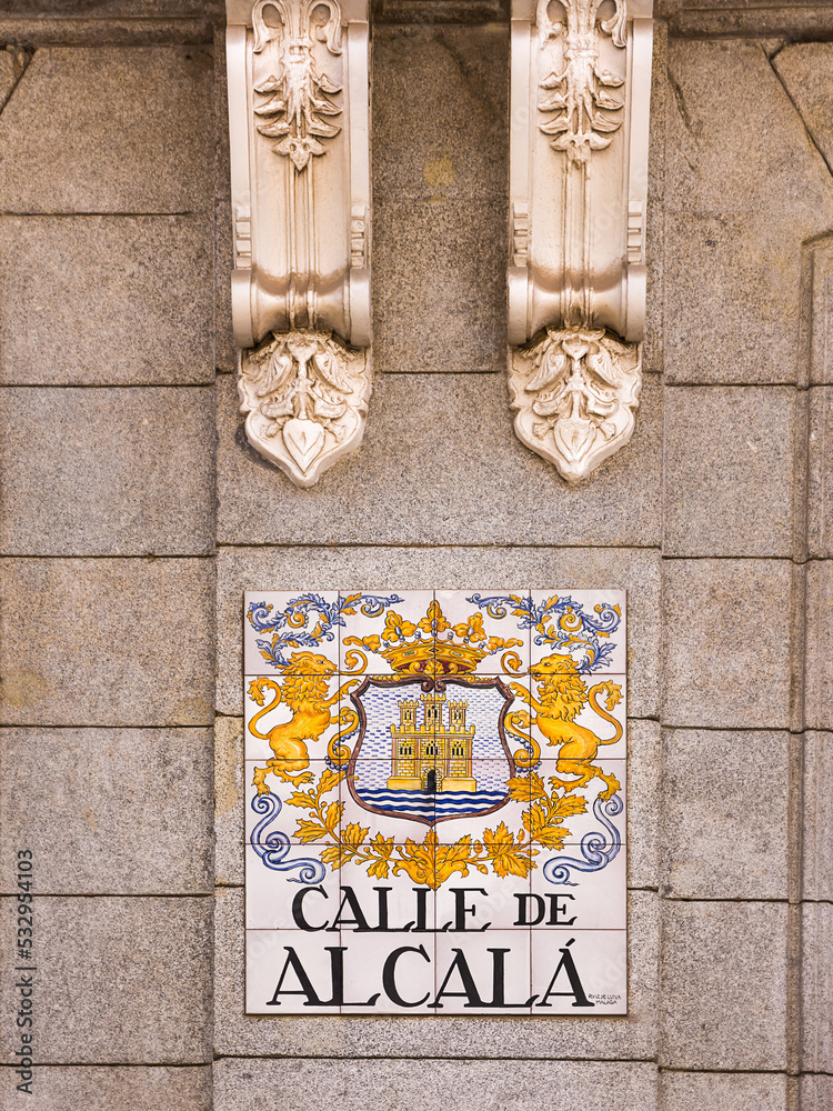 Indication of the toponymy in Calle Alcala in Madrid