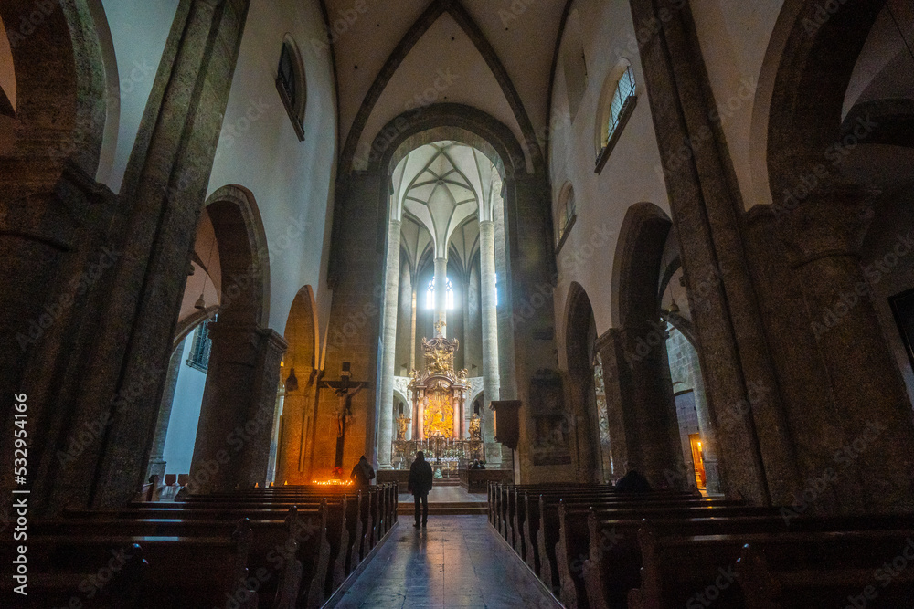 Franciscan church near University square. Baroque style church in old town of Salzburg during autumn , winter : Salzburg , Austria : December 9 , 2019