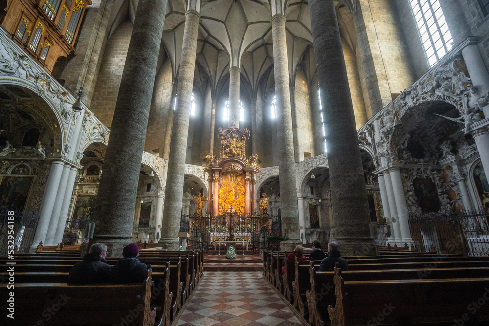 Franciscan church near University square. Baroque style church in old town of Salzburg during autumn , winter : Salzburg , Austria : December 9 , 2019