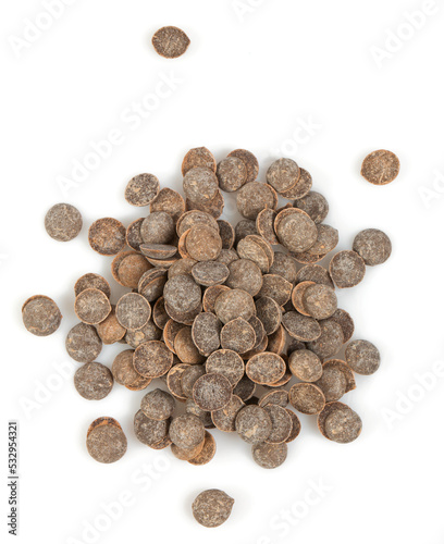 Dark hocolate morsels isolated on white background.