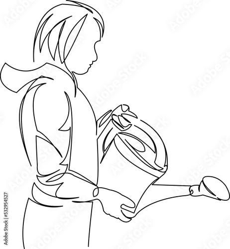 girl watering flowers from a watering can