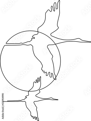 Two flying birds Silhouette against the background of the sun or moon. Continuous line drawing. Vector illustration. photo