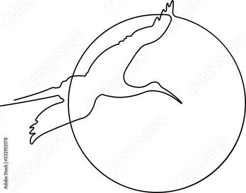 Flying birds Silhouette against the background of the sun or moon. Continuous line drawing. Vector illustration. photo