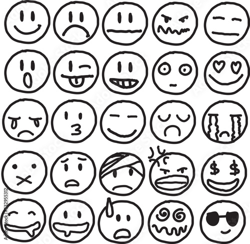 set of emotion icon black and white with hand draw cartoon vector design