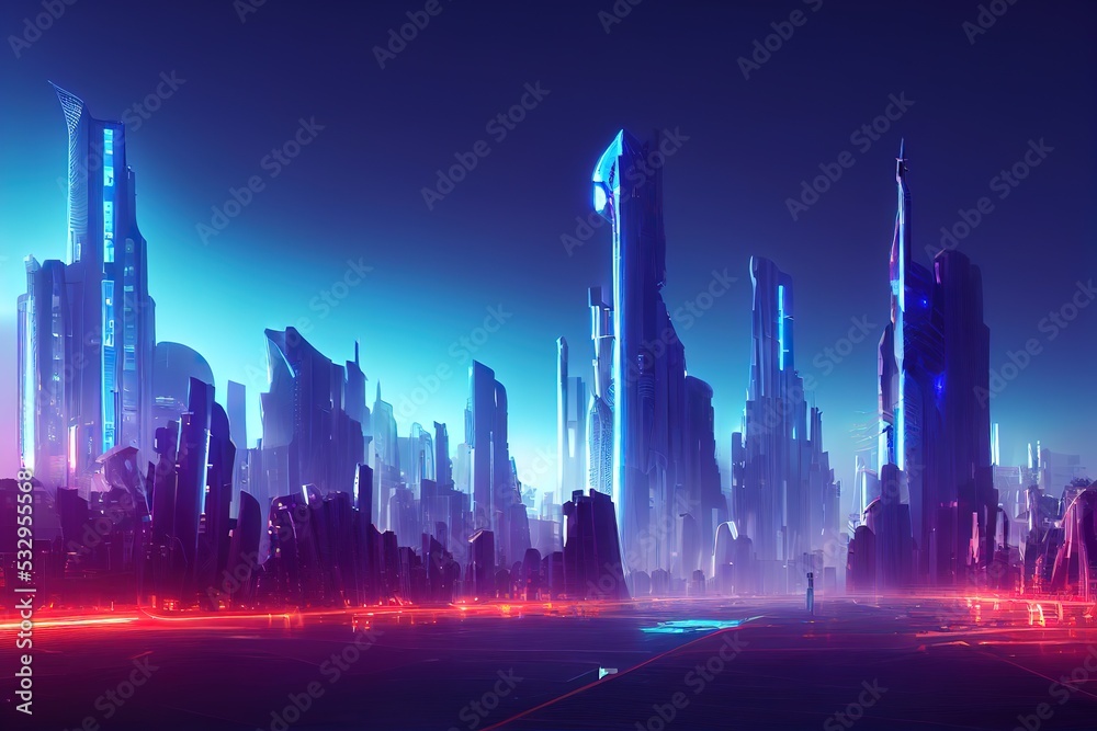 Modern city with wireless network connection and cityscape concept. Wireless network and connection technology concept with city background at night. 3d render, Raster illustration.