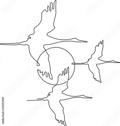 Flying birds Silhouette against the background of the sun or moon. Continuous line drawing. Vector illustration. photo