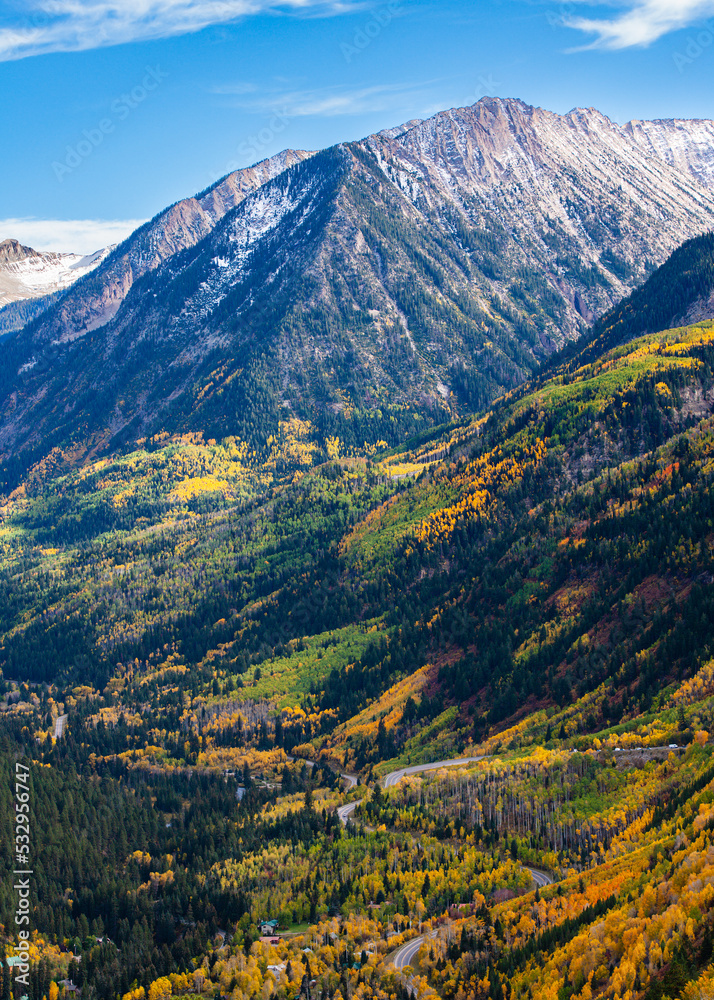 Beautiful Autumn Color in the Colorado Rocky Mountains. Mountain highway over McClure Pass, Colorado