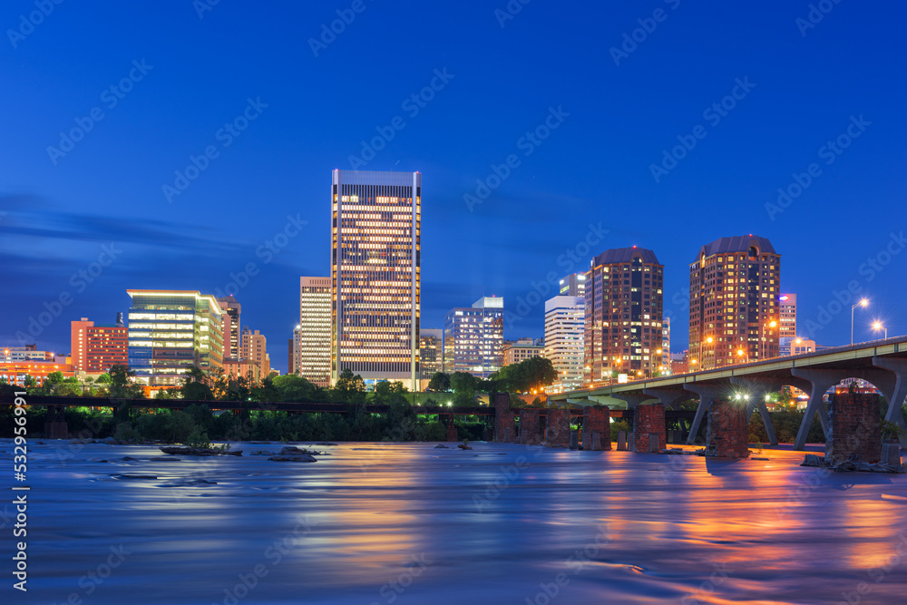 Richmond, Virginia, USA downtown skyline on the James River