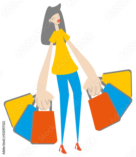 Cartoon young beautiful girl shopping. Many shoppers in the hands. Woman with bright makeup and clothing. Modern vector illustration. You can add text or ads. For Sale, shopping. Hand Draw.