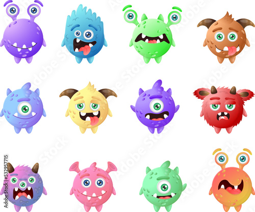 Collection of colorful round funny monsters. Brown, green, pink, purple, blue, red, yellow, cartoon aliens. © Зоя Лунёва