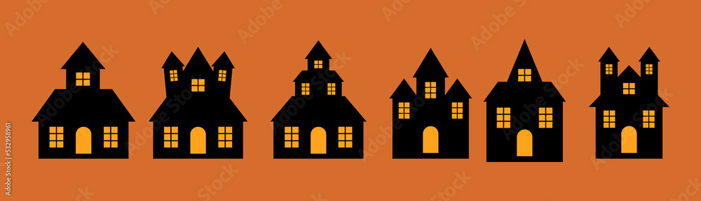 Set of black haunted halloween houses isolated on orange halloween background. Set of black haunted halloween houses isolated on orange halloween background.