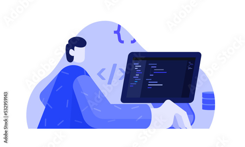Programmer Software Developer Coding in Computer Office Flat Vector Purple Illustration Design Concept