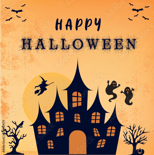 Happy Halloween background with black pumpkin and tree with moon illustration on gray background