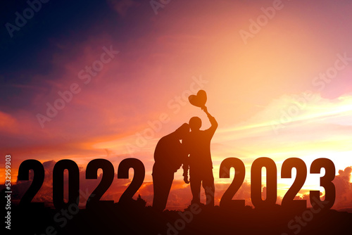 2023 Newyear Silhouette young couple Happy for  romantic new year concept.