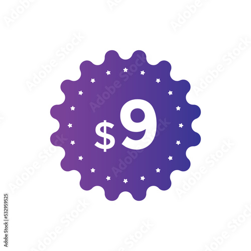 9 dollar price tag. Price $9 USD dollar only Sticker sale promotion Design. shop now button for Business or shopping promotion 