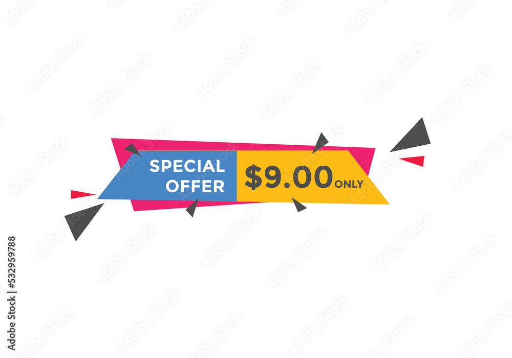 $9 USD Dollar Month sale promotion Banner. Special offer, 9 dollar month price tag, shop now button. Business or shopping promotion marketing concept

