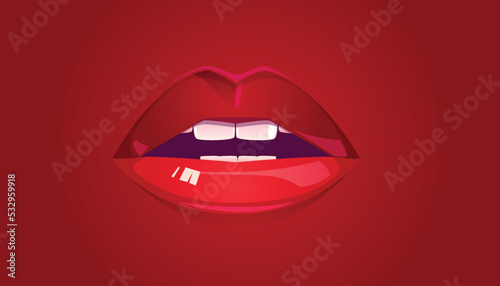 Illustration mouth open red sexy lips and teeth isolated on a red background.