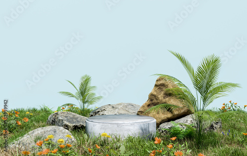 nature podium with blue background, 3d illustration rendering