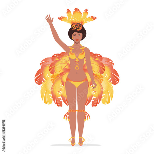 Brazilian samba dancer dancing at the carnival. Modern ballroom and ethnic dances. A dancer in motion, in the studio, on stage or in a dance hall. Vector illustration..