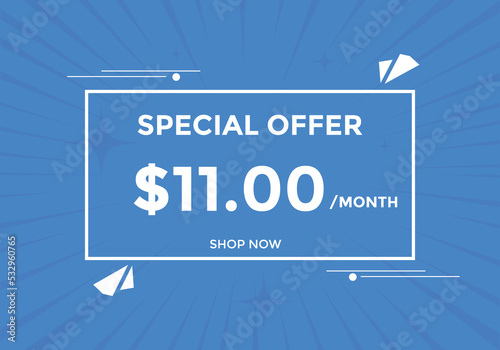 $11 USD Dollar Month sale promotion Banner. Special offer, 11 dollar month price tag, shop now button. Business or shopping promotion marketing concept
