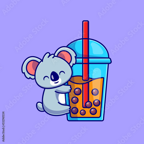 Photography Cute Koala Hug Boba Milk Tea Cup Cartoon Vector Icon Illustration