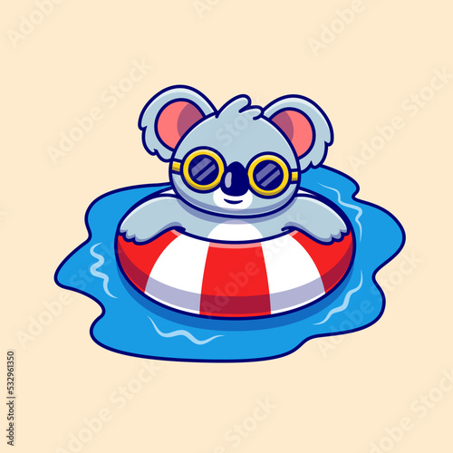 Cute Koala Swimming Summer Cartoon Vector Icon Illustration. Animal Holiday Icon Concept Isolated Premium Vector. Flat Cartoon Style