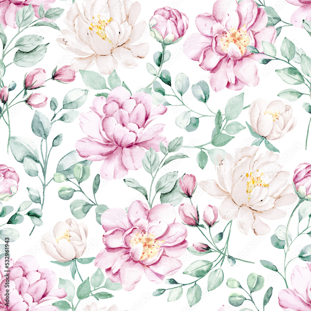 Fototapeta dla dziewczynki Seamless pattern with watercolor flowers