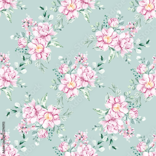 Seamless pattern with watercolor flowers pink peonies, repeat floral texture, background hand drawing. Perfectly for wrapping paper, wallpaper, fabric, texture and other printing. 