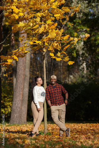 A white girl and a black guy are standing under a tree in an autumn park.