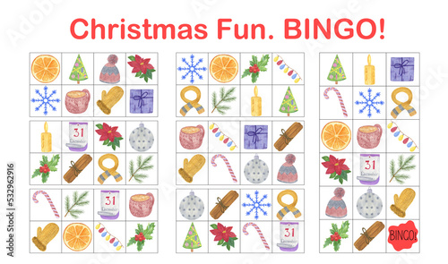 Christmas Bingo printable game with topical vocabulary to practice language knowledge, holiday classroom or leisure activity worksheet, teacher resources for kids photo