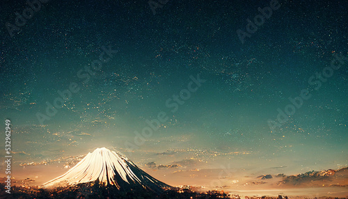 Digital art paint illustration.Mount Fuji panorama at sunset with city town.Japanese greeting card or banner for Happy New Year 2023. Clouds  sun  and star  realistic fantasy background.Fuji mountain.