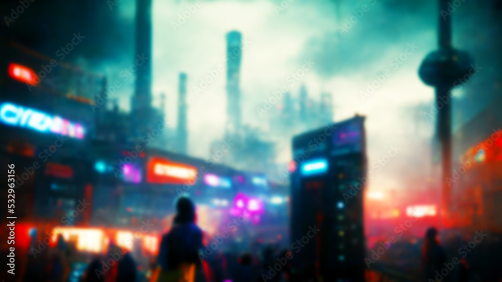 Digital illustration of a cyborg in a futuristic modern cyberpunk city.neon mega city with blue light.cityscape background.Modern buildings tech.night life cyberpunk, business district center.