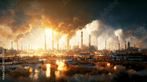 Digital paint illustration  industry metallurgical plant dawn smoke smog emissions bad ecology.Industry pollution  Air factory industry smoke  Environmental  manufacturing  global toxic  polluted air.