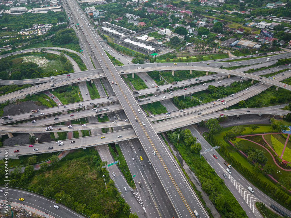 Naklejka premium Aerial view city transport junction road with vehicle cross road express way