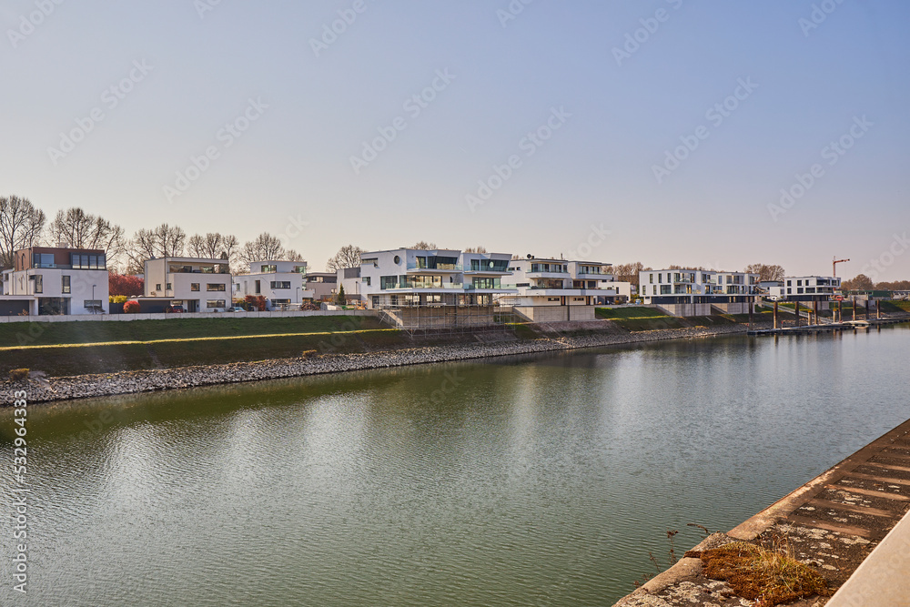 Obraz premium Cityscape of New Buildings in Luitpoldhafen in Ludwigshafen, Germany