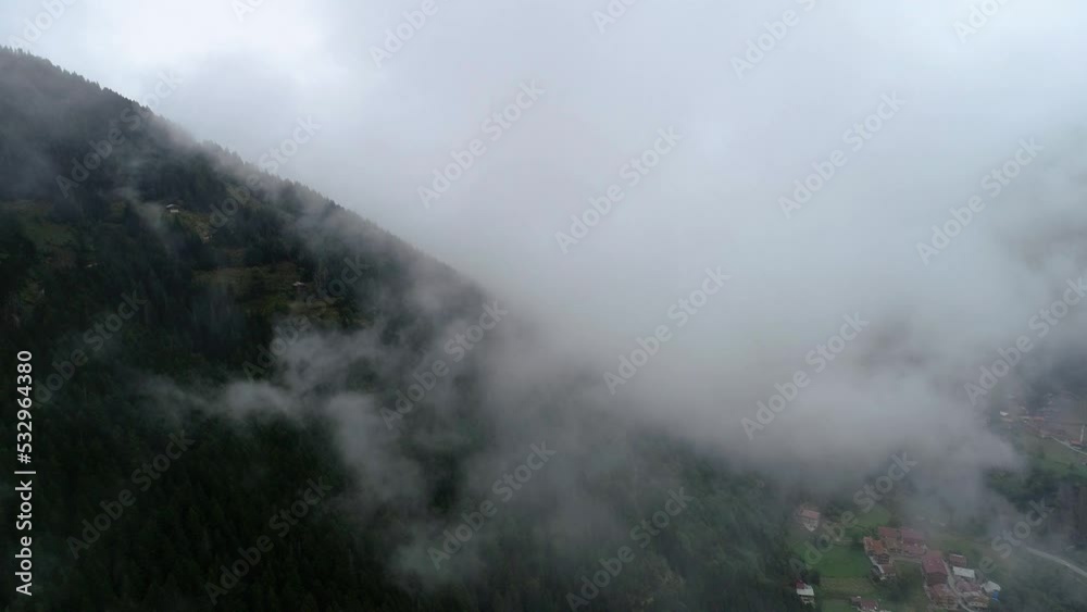 Drone view of foggy black sea mountains. Drone view of foggy black sea mountains.