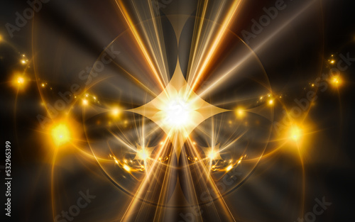 abstract illustration of a computer generated fantastic star in various shapes and shades on a black background for use in symbology, signs for digital design and graphics
