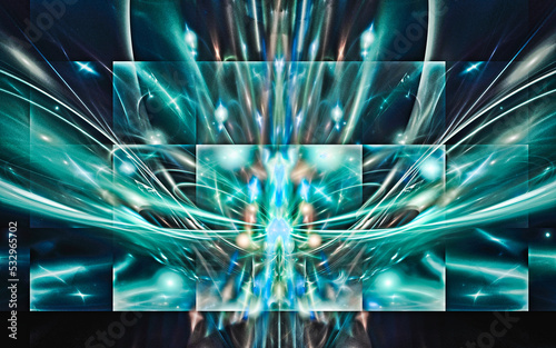 abstract computer illustrations of fantastic energy waves of various shapes and shades on a black background for use in symbols, signs for digital design and graphics