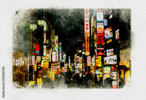 Fototapeta Naklejka Na Ścianę i Meble -  夜の繁華街、東京新宿のネオン街、新宿駅前の風景、夜の大都会