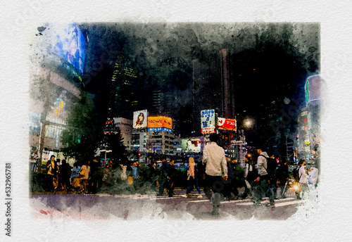 Fototapeta Naklejka Na Ścianę i Meble -  夜の繁華街、東京新宿のネオン街、新宿駅前の風景、夜の大都会