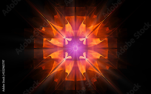 abstract illustration of a computer generated fantastic flower of various shapes and shades on a black background for use in symbology, signs for digital design and graphics