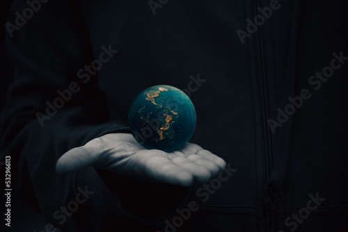 Earth at night was holding in human hand. Earth day. Energy saving concept  Elements of this image by AI