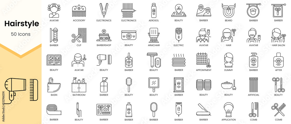 Vetor de Simple Outline Set ofHairstyle icons. Linear style icons pack ...